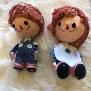 Vintage Flocked Snow Raggedy Ann & Raggedy Andy Couple  Christmas Ornaments